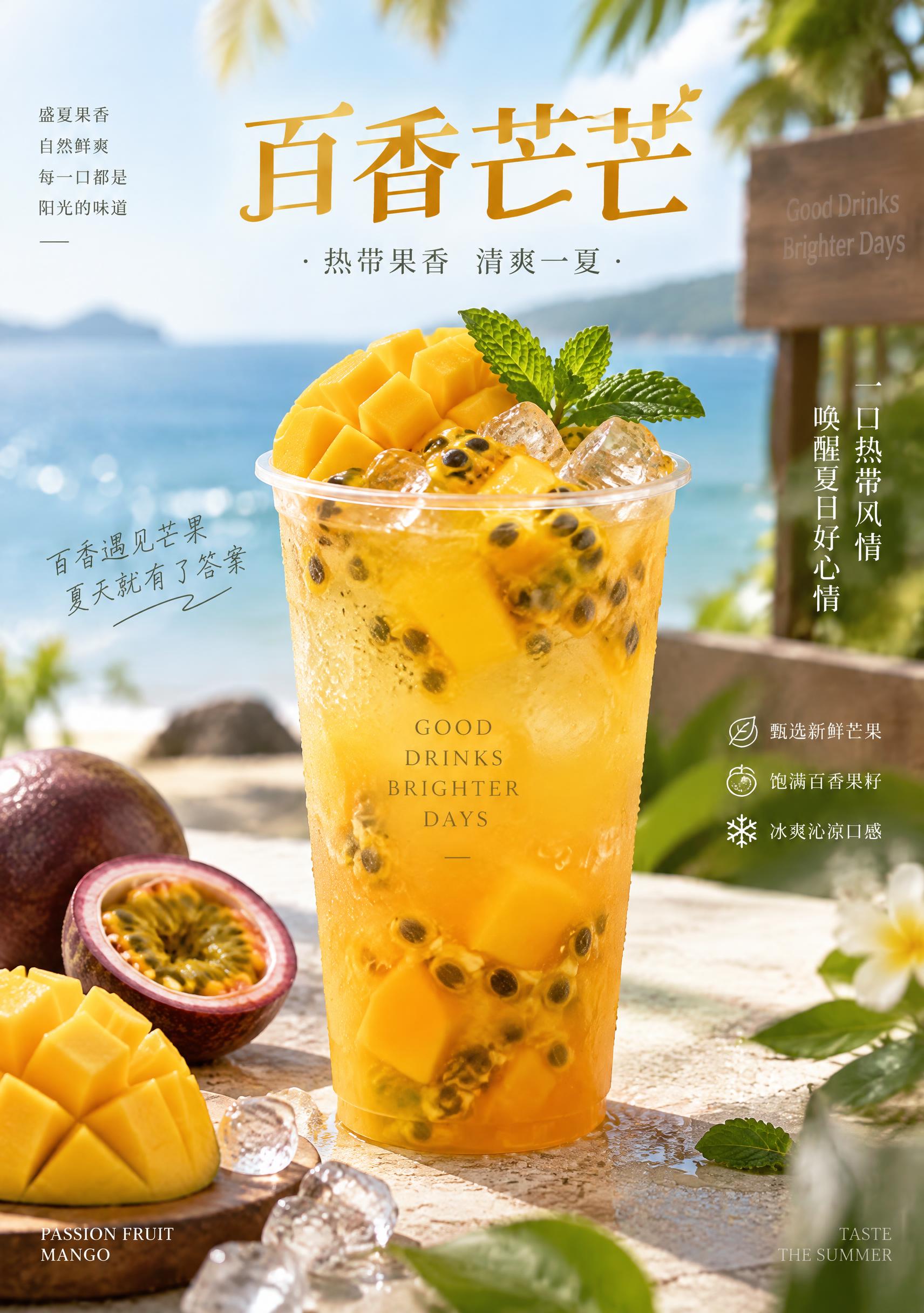 百香芒芒饮品宣传海报，透明塑料杯中装满橙黄色百香芒芒冰饮，杯中… - 图片创意预览