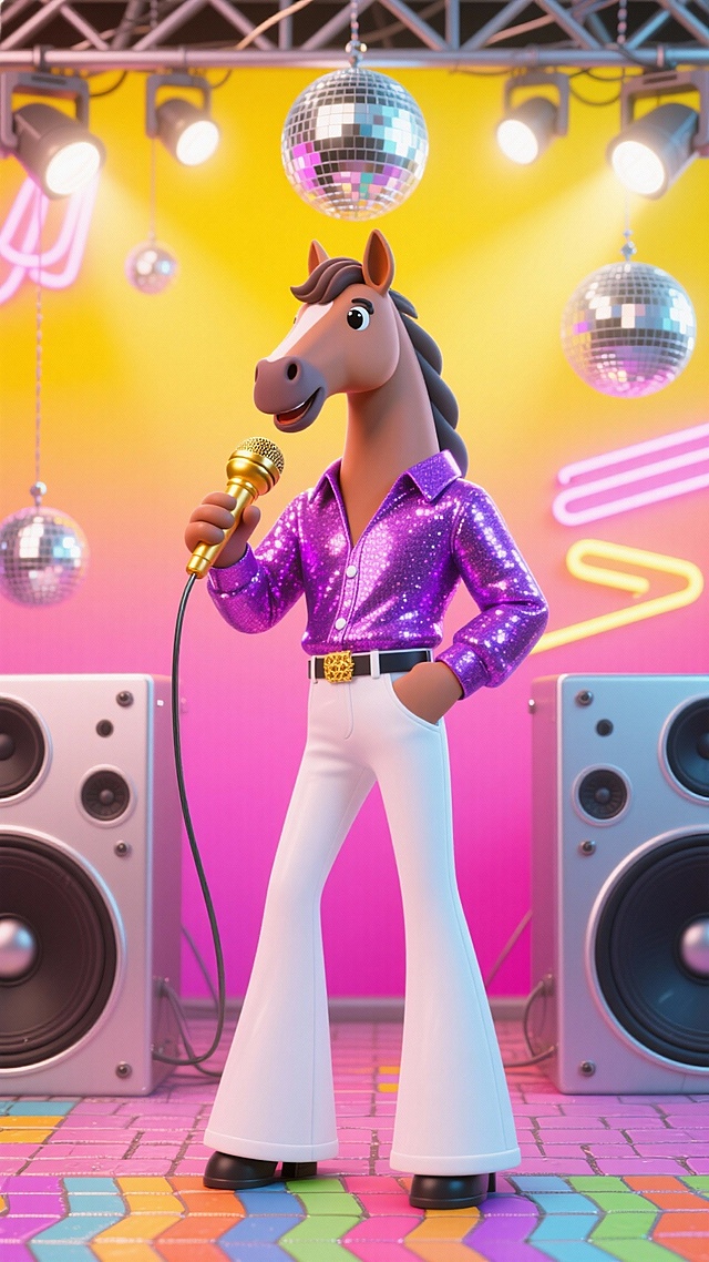 拟人马穿亮片紫衬衫 + 白喇叭裤，持金色麦克风，高饱和黄粉渐变背景，缀 disco 球与霓虹灯管，两侧立复古银黑音箱，底部铺彩色波纹舞台砖
