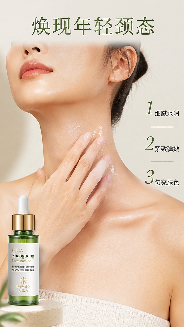 [第4屏] 真人效果展示-亚洲女性颈部使用后效果呈现，突出紧致细腻状态。
[氛围/风格] 自然真实氛围，温柔光线，高级简约质感，突出肌肤状态改善。
[元素布局] 画面主体为亚洲女性肩颈部特写，模特正在使用产品，手法轻柔涂抹颈部；左下角放置本产品精华液小图，保留包装与原图一致；右侧排列三个编号效果要点。
[光影质感] 柔焦柔光，突出颈部肌肤光泽和细腻质感，整体画面干净自然。
[配色色系] 整体低饱和配色，背景米白色，主色绿色产品点缀，肌肤自然色调。
[视角构图] 模特颈部居中展示，构图聚焦肌肤状态。
[文字版式] 顶部标题「焕现年轻颈态」，右侧三个编号卖点：「1 细腻水润」「2 紧致弹嫩」「3 匀亮肤色」，文字清晰不遮挡主体。
[比例分辨率] 9:16 竖版比例，4K 分辨率，文字清晰可辨，高清画质。
[负向提示词] 夸张对比，医疗功效承诺，人物畸形，产品变形，文字错乱。