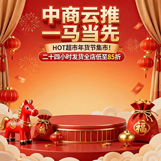 「图片1」修改图中主标题文案改成“中商云推 一马当先”，删除图中间产品礼包跟零食饮料删除，保留福袋灯笼跟马的元素