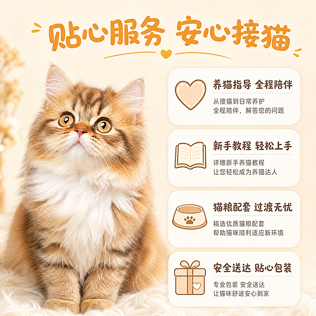 [主图-5] 养猫服务与保障信息图
[统一基调] 小红书原生感生活方式风格 暖奶油米白主背景 浅棕金橘辅助色 奶白圆角卡片 圆润手写圆体主标题 软萌无衬线说明字 整体治愈温暖 无硬广感
[画面] 画面左侧是长毛金渐层幼猫的半身照 蓬松毛发 金棕渐变色 胸口奶白色围脖 猫咪安静端坐 眼神温柔 占画面约45% 右侧是四个奶白色圆角服务卡片 竖向排列 每张卡片配一个可爱图标 从上到下 第一张配爱心图标 写"养猫指导 全程陪伴" 第二张配书本图标 写"新手教程 轻松上手" 第三张配饭碗图标 写"猫粮配套 过渡无忧" 第四张配礼盒图标 写"安全送达 贴心包装" 顶部大标题写"贴心服务 安心接猫" 圆润手写体 暖金橘色 放在画面上方居中位置
[光影质感] 柔和自然光 侧前方柔光 毛发蓬松有光泽 背景干净柔和 整体明亮温暖
[配色] 主背景奶油米白 标题字暖金橘色 卡片奶白色 图标浅棕色 文字深棕色
[文字版式] 主标题圆润手写圆体 大号粗体 卡片标题软萌无衬线中号 说明文字小号 左对齐排版 层次分明
[输出要求] 1:1正方形 2048x2048 猫咪清晰 毛发细节丰富 文字清晰可读 无变形 无错字 无水印 无平台logo