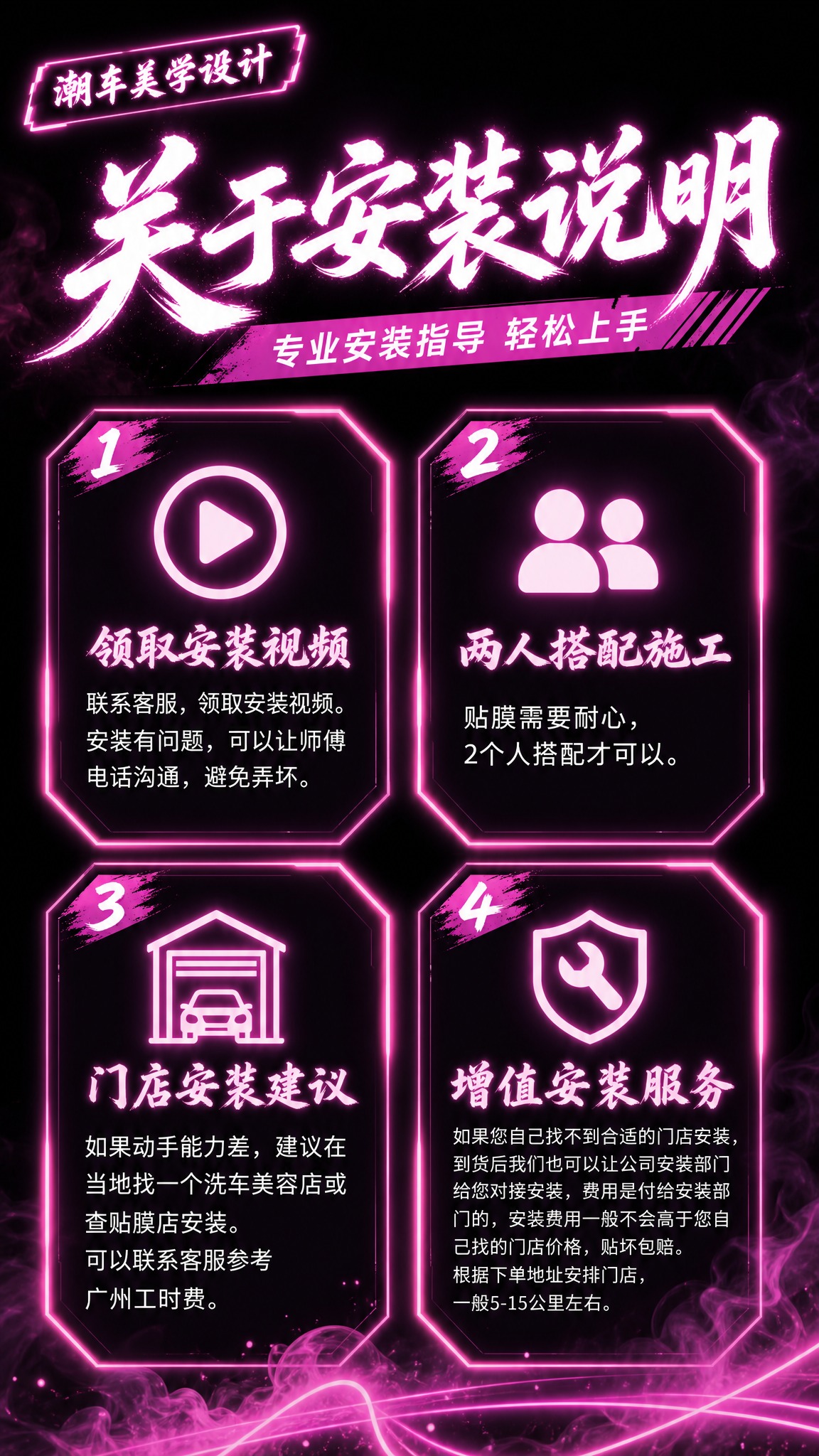 关于安装说明，暗黑甜酷粉紫霓虹风格，9:16竖版2K，无车图。… - 图片创意预览