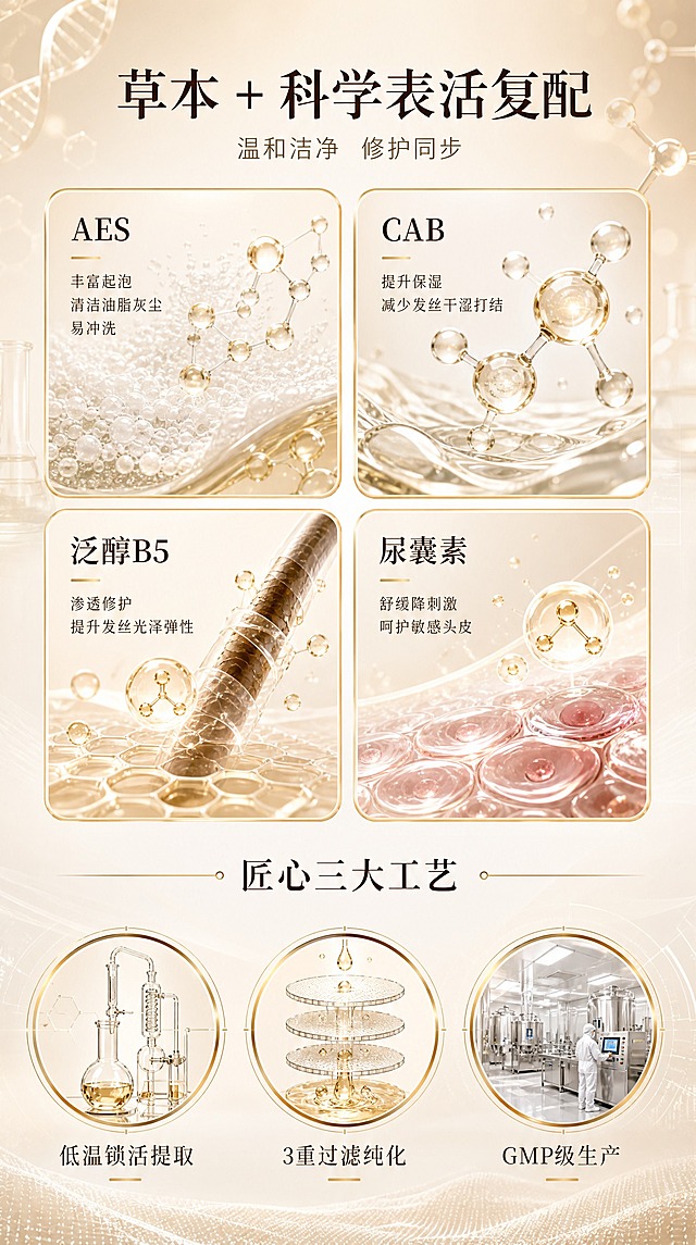 重新生成详情页，竖版9:16比例，790x1405px。移除产品瓶身，以高科技科研风格呈现配方与工艺内容，整体保持高端本草风格，背景延续金棕色到米白色的柔和渐变基调，融入科技感元素。

画面布局（从上到下）：
1. 顶部标题区：主标题"草本 + 科学表活复配"，深棕褐色细衬线体，居中一行显示；副标题"温和洁净 修护同步"，暖灰褐色小号字。
2. 上半部分（4种成分展示）：采用2x2网格布局，四个圆角信息卡片等大排列，每张卡片内有对应的高科技微观分子结构示意图（3D分子球、化学键结构），鎏金色描边。
   - 左上：AES，配丰富泡沫分子结构示意，文字说明"丰富起泡 清洁油脂灰尘 易冲洗"
   - 右上：CAB，配保湿水分子结构示意，文字说明"提升保湿 减少发丝干涩打结"
   - 左下：泛醇B5，配发丝修护渗透示意，文字说明"渗透修护 提升发丝光泽弹性"
   - 右下：尿囊素，配舒缓头皮细胞示意，文字说明"舒缓降刺激 呵护敏感头皮"
3. 中间分隔区：一条鎏金色细线 + "匠心三大工艺"标题 + 细线，居中分隔上下两部分。
4. 下半部分（三大工艺展示）：三个横向排列的工艺图标，等距分布，每个图标为圆形鎏金边，内部有科技感线条图案。
   - 左：低温锁活提取，配低温萃取实验器皿示意
   - 中：3重过滤纯化，配多层过滤结构示意
   - 右：GMP级生产，配洁净车间/实验室示意

视觉风格：整体金棕色+米白色主调，融入科技感的3D分子结构、玻璃器皿、微观细胞等元素，鎏金色作为强调色。光影柔和通透，有实验室科研氛围。所有文字横排，清晰可读，移动端适配。