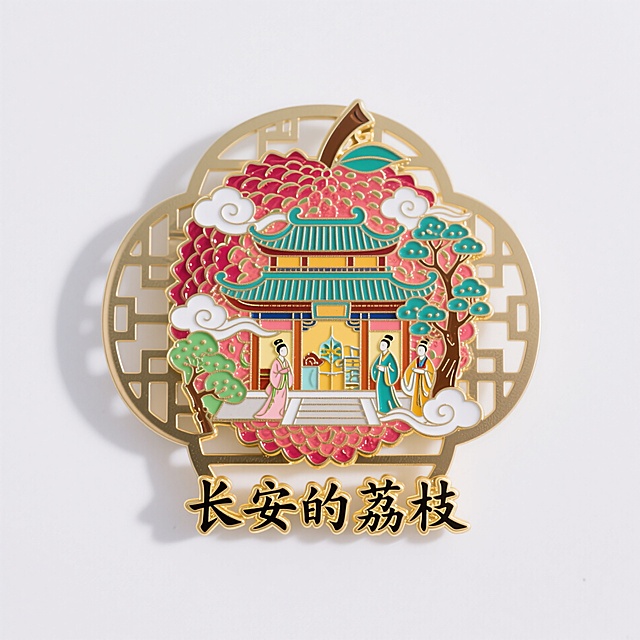 金属珐琅冰箱贴，荔枝，古风建筑造型，祥云、荔枝树、古装人物装饰而成，不规则边框，镂空设计，下方金字写着“长安的荔枝”