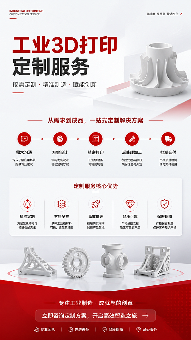 电商详情页第三屏，工业3D打印定制服务收尾宣传页，红白简约工业风格，延续整体配色和排版，突出定制服务理念，可搭配简洁的3D打印零件元素点缀，干净专业的设计风格。
