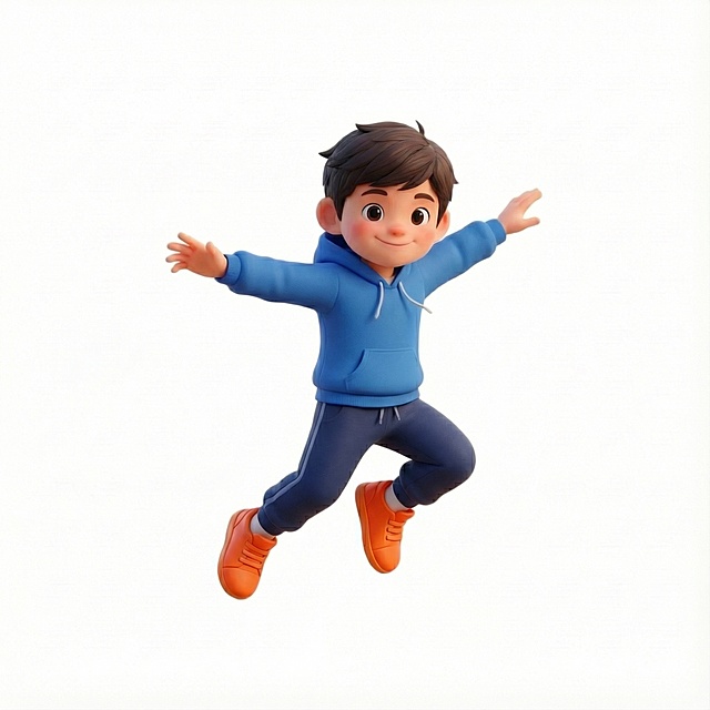 蓝色卫衣帽衫 深蓝色裤子 橙色运动鞋 换个运动动作