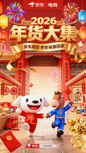 2026马年京东电商促销春节主题海报； C4D，以浓烈的中国红与金色为主色调，营造出喜庆热烈的新春氛围； 画面背景是一个牌楼，上面立体金色字“年货大集”，缠绕的金色丝带上营销小字“京东陪你   把年味预览效果
