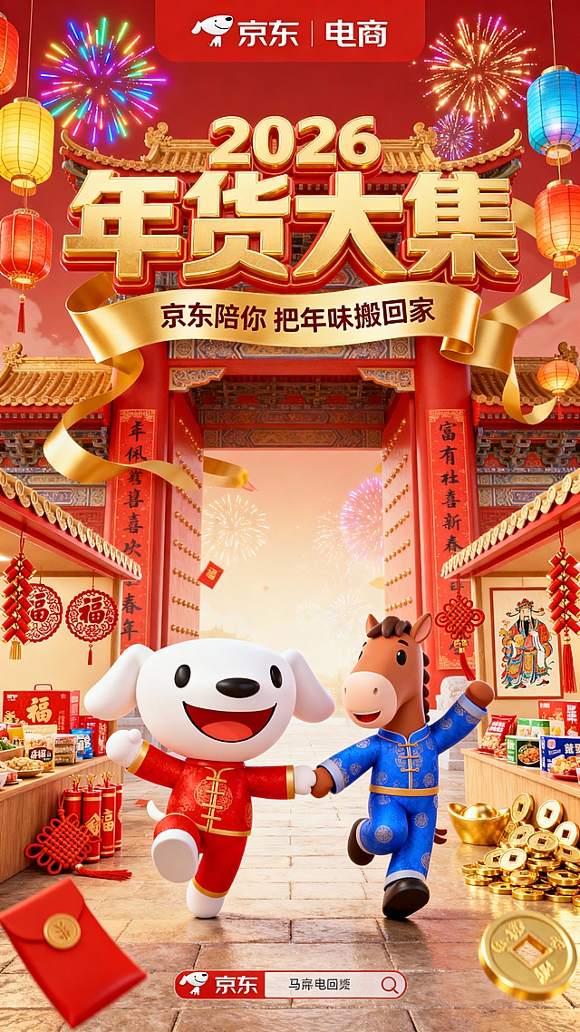 2026马年京东电商促销春节主题海报； C4D，以浓烈的中国红与金色为主色调，营造出喜庆热烈的新春氛围； 画面背景是一个牌楼，上面立体金色字“年货大集”，缠绕的金色丝带上营销小字“京东陪你   把年味搬回家”，搭配灯笼、烟花、春联、福字、窗花、中国结、年画、鞭炮、挂钱、铜钱等元素； 京东IP，Joy狗身着喜庆的红色唐装，旁边一个身着蓝色唐装的小马形象卡通人，两个小动物欢跳携手庆贺； 两侧是不同摊位，摆放着各种各样的年货产品，包括吃、穿、用； 国风年味与潮流感结合主视觉元素。