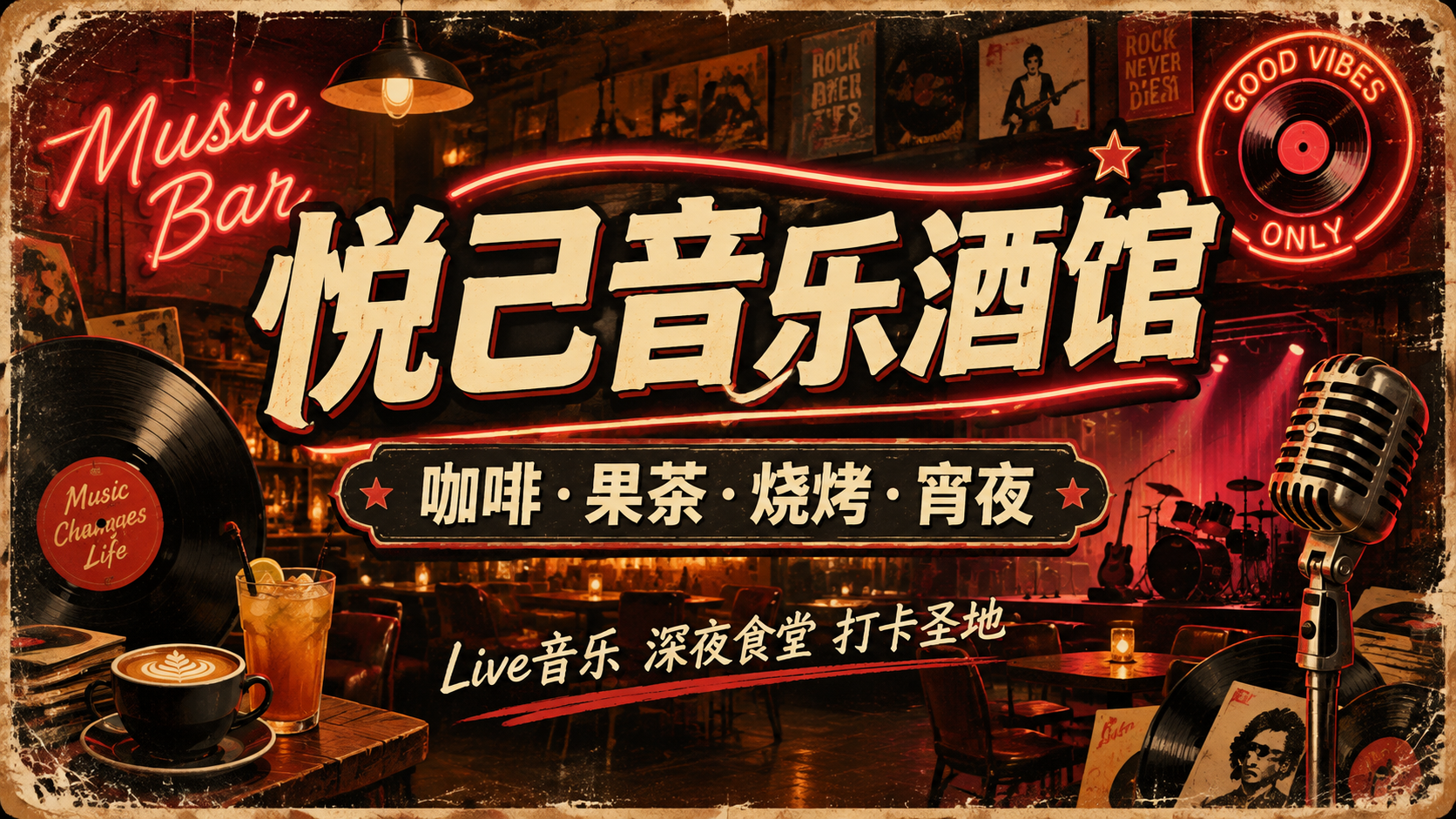 美团店铺入口图，复古潮流美式复古风格，暖棕色调配霓虹红色点缀，… - 图片创意预览