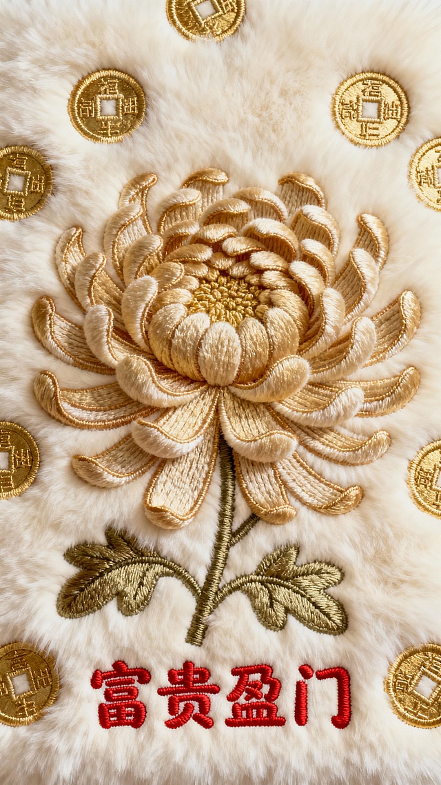 米白毛绒底，金菊刺绣配铜钱，红 “富贵盈门” 字，暖奢交织，满是富贵吉祥意。