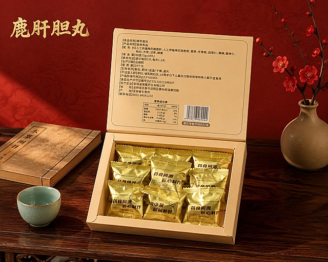 商业级保健品产品摄影
主体：打开的保健品盒子严格参照上传产品图，完整保留所有可见组件、结构、比例、材质、颜色与产品本体上的所有文字信息，与上传图完全一致。产品占画面60%-70%，完整不裁切，中景构图，产品是画面绝对视觉焦点。清除产品本体之外多余营销信息。
构图：居中构图，视角偏转30度，平视视角。
风格：红色系中国风
场景：中式茶室茶台一角，上午温和自然光。
承载与空间：①承载面，深胡桃木中式茶台，深棕色，实木纹理；②背景，大红色宣纸背景墙，红色，带有暗纹质感。
陪衬物：①茶台左前方，一只汝窑青瓷小茶杯，天青色，陶瓷材质；②茶台右后方，一小枝干红梅，红色，插在素陶小花瓶里；③茶台左后方，一本线装中医古籍，米黄色封面，布面装帧。
文字：在画面左上角添加产品名称文字“鹿肝胆丸”，字体为中式书法字体，颜色为金色。
配色：主色调大红色，辅助色胡桃棕，点缀金色和天青色；实际颜色：大红色/胡桃棕色/金色/天青色/陶土色
材质：实木/宣纸/陶瓷/金属箔/纸质
光影：主光从左侧斜前方45度照入，照亮产品正面；辅光为右侧环境暖色反射，金色包装有细腻高光反光，产品边缘有柔和金色轮廓光切分，阴影过渡柔和。
参数：4K，写实光追，严格锁定宽高比为5:4。