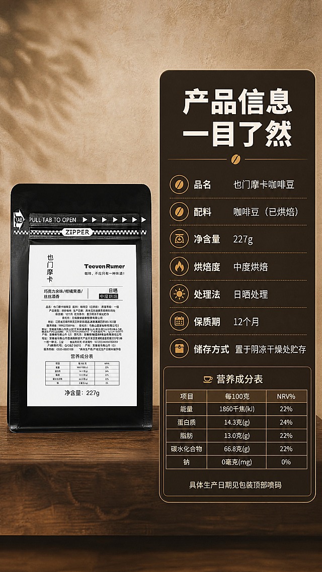 [商品] 使用【图1】Teeven Rumer 也门摩卡咖啡豆包装袋置于左侧立放；保留包装袋全部外观、标签文字、营养成分表及净含量227g等信息原貌，清晰化处理。
[画面] 目标：第8张 规格与营养信息页，清晰展示产品参数、配料、营养成分与储存方式，收尾转化。构图：左产品右信息，左右分栏（左4右6）；左侧立放完整产品包装袋，占画面约40%；右侧为深棕色圆角信息卡，分模块展示产品规格与营养信息；背景为浅米咖色质感底，简洁干净，信息层级清晰。
[视觉] 套系策略：风格=精品咖啡高级商业摄影风，暖调电影感；标题字=现代无衬线粗体（思源黑体Heavy类）；正文字=简洁无衬线体（思源黑体Regular类）；主色=深咖啡棕（#3B2418）；背景延展=基于深咖啡棕做深浅层级、同色渐变与木质/纸张质感延展；强调色=金棕色（#C68A4E），仅用于小面积风味icon、引线、标签底纹与局部高光；标题色=奶白色（#F5EFE6）；正文色=浅米咖（#D9C7B0）；组件=圆角深棕信息卡、细金线引线、咖啡豆形icon；光影=均匀柔和正面光，信息卡文字清晰无反光。
[文字] 右侧信息卡顶部主标题："产品信息 一目了然"；下方分模块横排展示：
【品名】也门摩卡咖啡豆
【配料】咖啡豆（已烘焙）
【净含量】227g
【烘焙度】中度烘焙
【处理法】日晒处理
【保质期】12个月
【储存方式】置于阴凉干燥处贮存
【营养成分表】（以表格形式呈现，参考包装信息：能量1860千焦、蛋白质14.3g、脂肪13.0g、碳水化合物66.8g、钠0毫克，每100克计）
底部小字："具体生产日期见包装顶部喷码"；全部横排，字号保证手机端清晰可读，不使用蚂蚁字。
[规格] 图片比例9:16竖版，4K，负向提示：避免文字模糊、表格错乱、包装变形、冷色调、绝对化用语、医疗功效宣称、平台Logo。