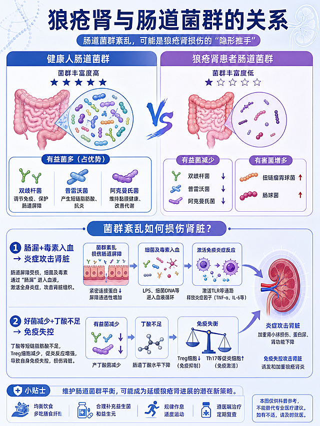 一张医学科普信息图，竖版3:4比例，主题是狼疮肾与肠道菌群的关系。画面分为上下两部分，上半部分展示健康肠道与狼疮肾患者肠道菌群对比，用可视化的菌群图标表现丰富度差异、好菌（双歧杆菌、普雷沃菌、阿克曼氏菌）减少和坏菌（扭链瘤胃球菌、肠球菌）增多。下半部分用两条通路图示说明菌群紊乱如何损伤肾脏：第一条通路展示肠漏+毒素入血引发炎症攻击肾脏，第二条通路展示好菌减少+丁酸不足导致免疫失控。整体采用蓝紫色医疗科普风格，清晰的信息层级，配有简洁的中文标题和要点文字，专业且易懂。