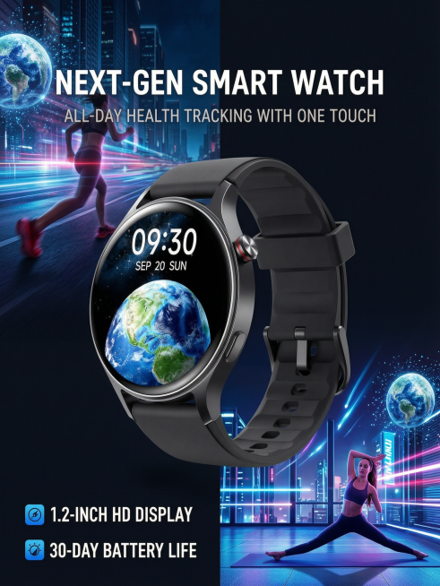 [第1屏] Amazon A+ detailed page header, Smart Watch product promotion poster.  [Atmosphere/Style] Cybe预览效果