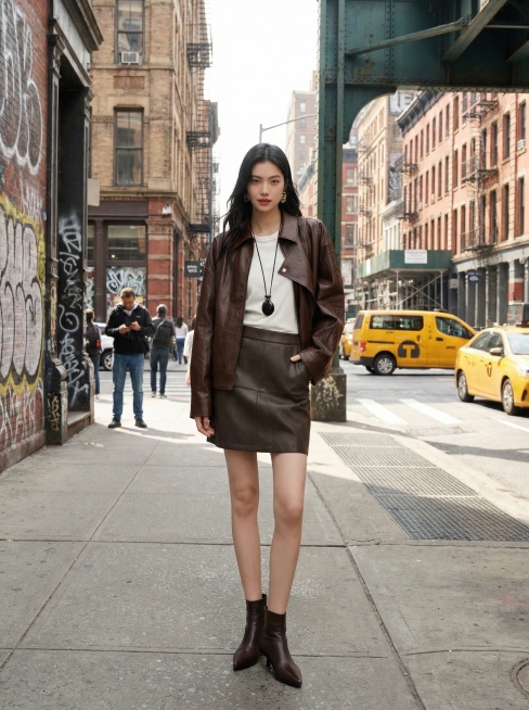 匹配街拍背景，全身模特图居中呈现，人物居中，背景稍微大一点预览效果