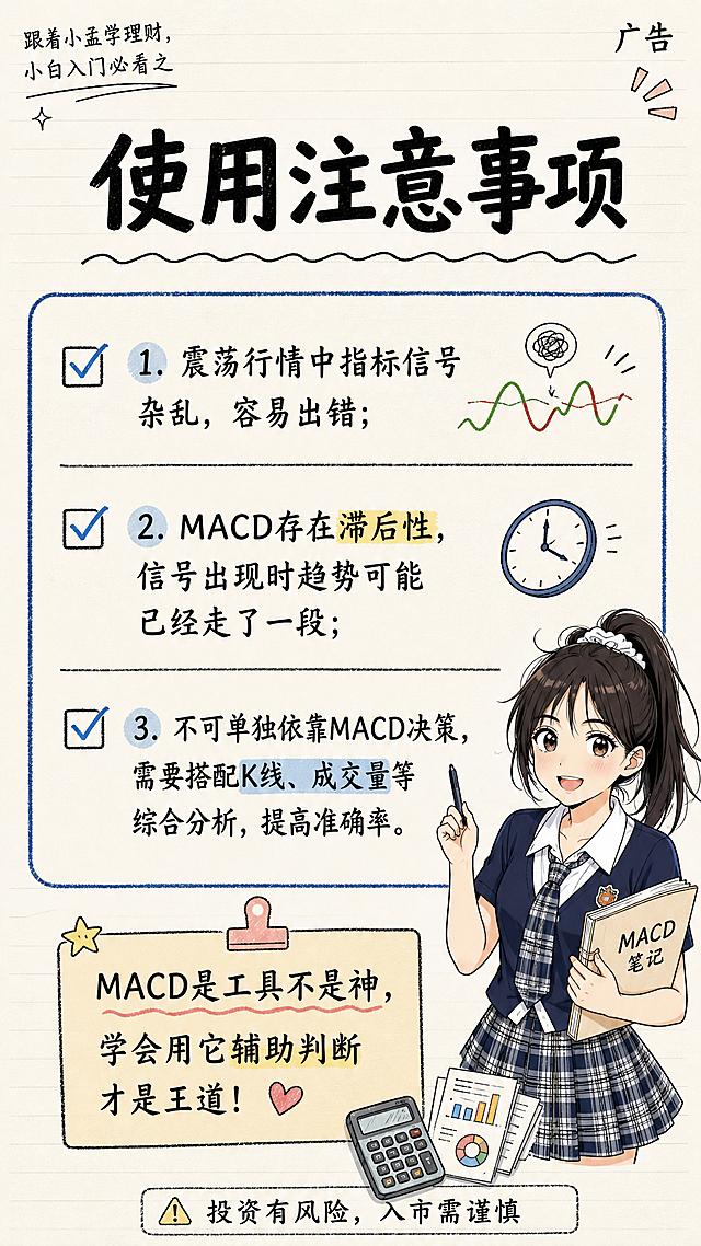 制作小红书理财知识卡片结尾页，标题为"使用注意事项"，内容分为三点：1. 震荡行情中指标信号杂乱，容易出错；2. MACD存在滞后性，信号出现时趋势可能已经走了一段；3. 不可单独依靠MACD决策，需要搭配K线、成交量等综合分析，提高准确率。底部加一句总结："MACD是工具不是神，学会用它辅助判断才是王道！"采用第10张参考图的手绘插画风小红书知识卡片模板风格，米黄色纸张质感背景，黑色手写体大标题，蓝色标注框，卡通手绘人物元素，带勾选框样式，画面比例9:16竖版，右上角标注"广告"两个字，最底部中间位置附上文字"投资有风险，入市需谨慎"，整体风格与参考模板完全一致