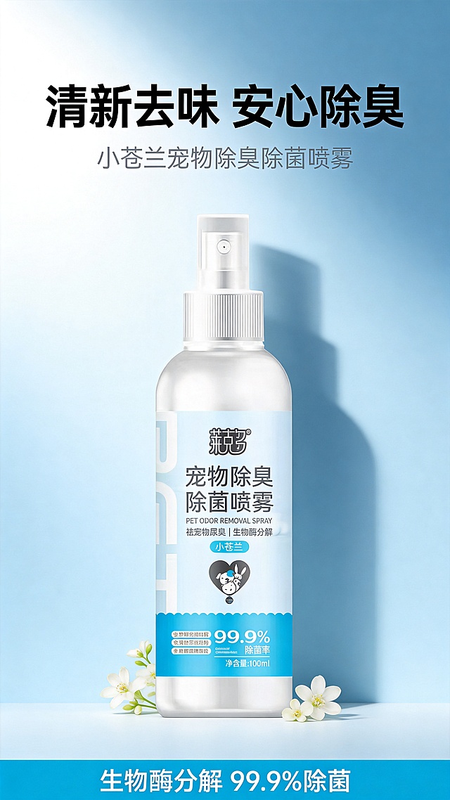 「图片1」，生成一套详情页，商品名称为宠物除臭除菌喷雾，适配抖音/快手平台，单图比例为9:16，需求屏数为5张。