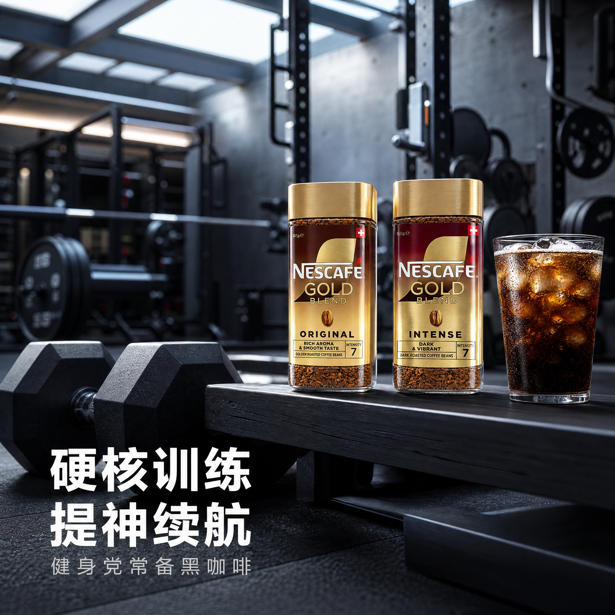 [主图-6] 健身房器械区场景图，哑铃旁的能量补给，硬核健身氛… - 图片创意预览
