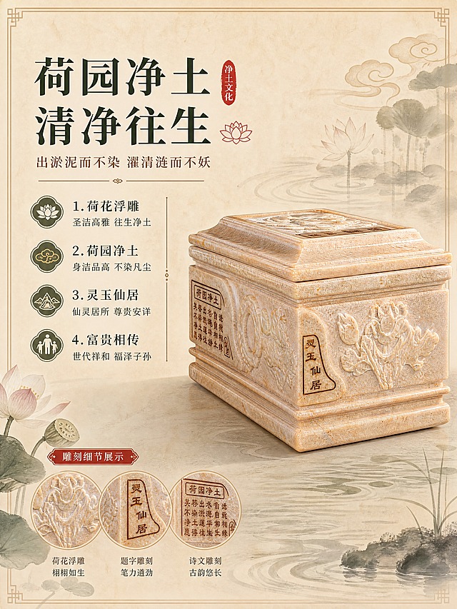 [商品] 使用【图3】荷园净土骨灰盒侧面45度图；保留晚霞红石材主体、侧面荷花浮雕、"灵玉仙居"题字、正面"荷园净土"诗文局部、阶梯式方盖、整体结构比例；增强石雕部分的纹理质感和石材肌理，保留所有雕刻文字原貌。
[画面] 产品寓意页，目标解读荷花净土文化与禅意寓意。左文右图构图，产品45度侧面展示于画面右侧，占比55%。左侧为寓意解读文字区，搭配荷花、莲叶、祥云等传统吉祥纹样装饰元素。背景为浅米色宣纸质感，点缀淡墨荷塘与水波纹。
[视觉] 套系策略：风格=中式禅意典雅商业摄影；标题字=宋体粗体（传统书法感）；正文字=简洁宋体；主色=暖米金+浅赭石+墨绿；背景延展=浅米宣纸纹理+淡墨荷塘晕染；强调色=朱砂红，仅用于小面积点缀和标签；标题色=深墨绿；正文色=深棕灰；组件=中式回纹边框、竖线分隔、荷花图标；光影=左前侧暖柔光，突出侧面雕刻细节。
[文字] 左侧文字区：主标题"荷园净土 清净往生"，副标题"出淤泥而不染 濯清涟而不妖"，4个寓意卖点：1.荷花浮雕-圣洁高雅 往生净土 2.荷园净土-身洁品高 不染凡尘 3.灵玉仙居-仙灵居所 尊贵安详 4.富贵相传-世代祥和 福泽子孙。配小型雕刻细节放大示意。所有文字横排。
[规格] 图片比例3:4竖版，4K分辨率，避免变形、错字、文字过小、冷蓝背景、材质失真、雕刻细节模糊、产品文字被改。