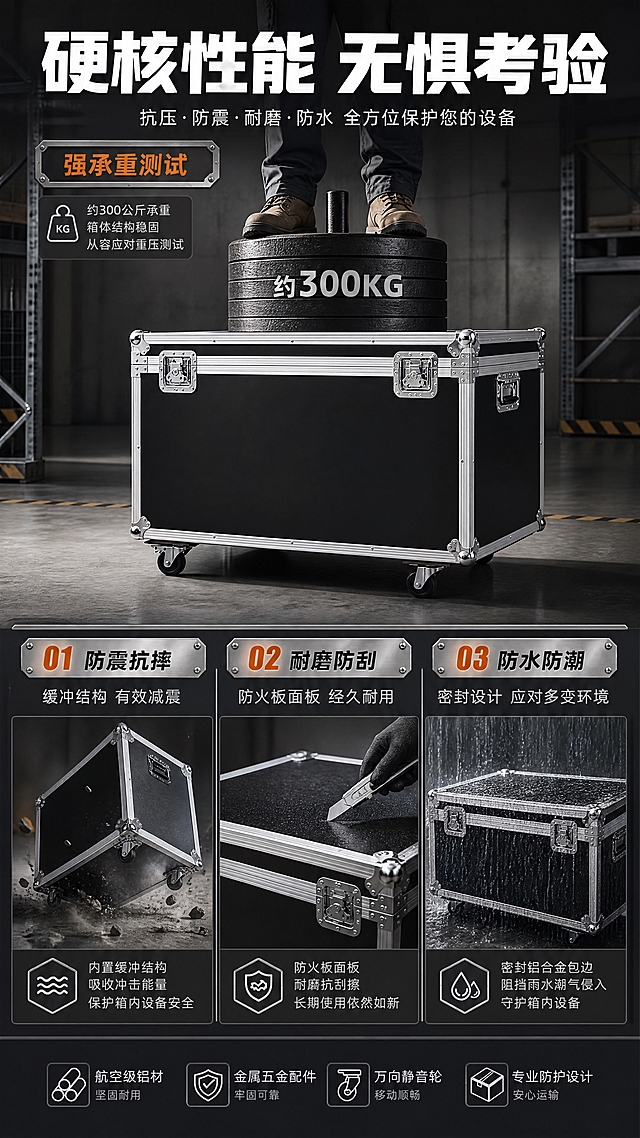 [商品] 使用【图1】黑色铝合金航空箱；保留整体结构、铝合金包边、金属锁扣、万向轮等关键特征；展示承重抗压和防震耐磨性能。
[画面] 目标：功能演示页，展示航空箱承重抗压、防震耐磨的硬核性能。构图：上下分栏，上半部分主视觉展示航空箱承重测试（箱体上放置重物或有人站立），下半部分分3小格展示防震、耐磨、防水测试。景别：全景+中景组合。前中后景：工业风测试场景背景，主视觉区箱体+重物，下方三格小测试场景。阅读动线：从上到下，先看核心测试再看分项性能。
[视觉] 套系策略：风格=工业风硬朗商业摄影，高级质感；标题字=粗黑体，厚重有力；正文字=简洁无衬线黑体；主色=炭黑+金属银；背景延展=深灰工业风背景，带水泥地面和金属架元素；强调色=亮银色+少量警示橙（仅用于测试标签）；标题色=纯白；正文色=浅银灰；组件=金属质感测试标签、数据浮窗、分隔线；光影=工业顶光+侧光，突出箱体硬朗轮廓和金属质感。
[文字] 顶部主标题「硬核性能 无惧考验」。主视觉区标注「强承重测试」。下方三格分别：① 防震抗摔 — 缓冲结构 有效减震；② 耐磨防刮 — 防火板面板 经久耐用；③ 防水防潮 — 密封设计 应对多变环境。文字全部横排，数据用保守表述如「约XX公斤承重」。
[规格] 图片比例9:16竖版，4K分辨率，负向提示：避免变形、缺件、颜色偏差、文字模糊、竖排文字、斜排文字、卡通风格、塑料质感、极限词、虚假参数、人物危险动作。