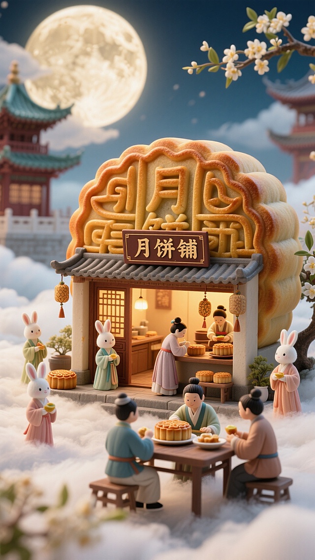 店铺是一个巨大月饼形状，月饼有窗户，招牌写“月饼铺”，门口挂着的香囊，屋内透出暖光。店铺在云上，背景是天宫，点缀宫阙、月亮、桂花。穿着汉服的小玉兔，有站在店门口的，还有在店内忙碌的，有人在店外桌边吃月饼