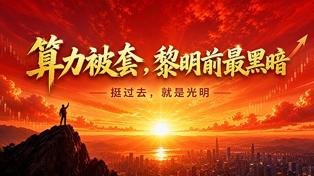16:9横版股市财经海报，高级橙红色渐变背景，带有日出东方和朝霞满天的壮丽景象，中央醒目金黄色大字标题"算力被套，黎明前最黑暗"，下方橙红色小字"挺过去，就是光明"，整体风格充满希望，日出朝霞，高级励志安抚风