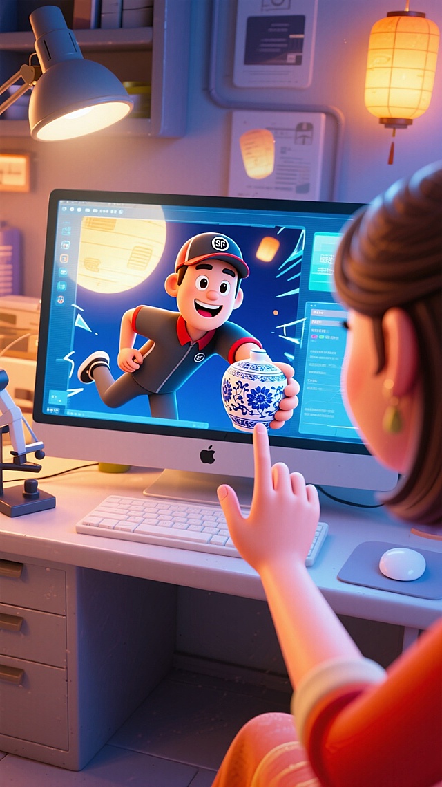 卡通感3D风设计，虚拟现实互动体验，屏幕中角色生动活泼，营造未来科技氛围。