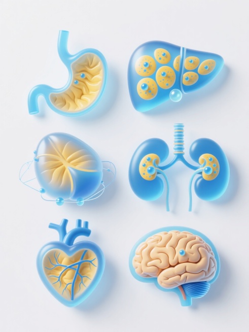 一组六个生物医学科学风格的器官元素插画，保持与原图一致的半透明渐变蓝色调、光滑3D质感、内部黄色和蓝色微粒细节、发光球体装饰以及几何线条连接，背景为纯白色。每个器官元素形态各异且完整呈现其特征结构：1. 胃 - 呈现J形袋状结构，内壁有褶皱纹理；2. 肝脏 - 楔形多小叶结构，表面有分叶状凸起；3. 肾脏 - 豆形结构，带有肾门凹陷和内部肾锥体细节；4. 肺 - 分叶状结构，带有支气管分支和肺……预览效果