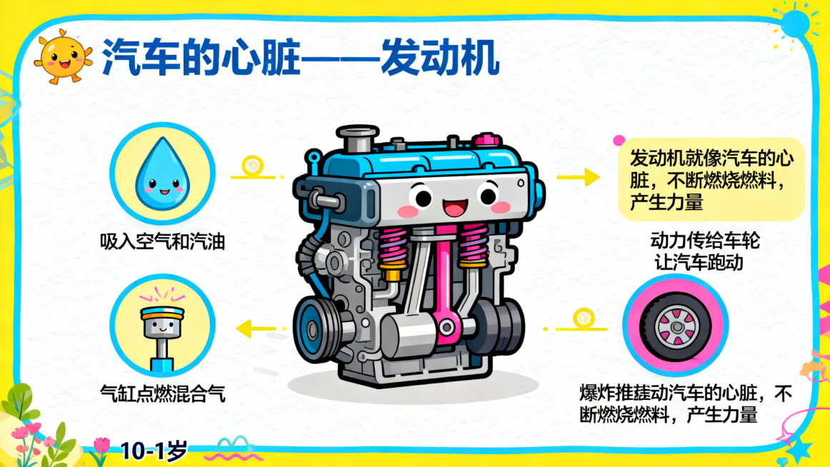 卡通风格PPT页面，主题是汽车的心脏——发动机，页面配有可爱的卡通发动机插图，用简化的步骤图示讲解发动机工作原理：吸入空气和汽油、气缸点燃混合气、爆炸推动活塞运动、动力传给车轮让汽车跑动，旁边有比喻“预览效果