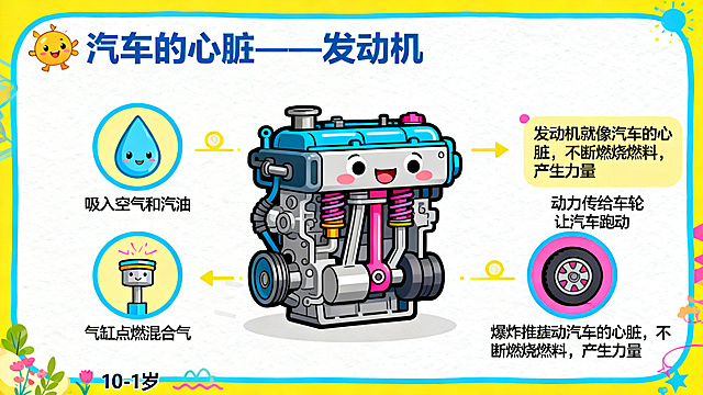 卡通风格PPT页面，主题是汽车的心脏——发动机，页面配有可爱的卡通发动机插图，用简化的步骤图示讲解发动机工作原理：吸入空气和汽油、气缸点燃混合气、爆炸推动活塞运动、动力传给车轮让汽车跑动，旁边有比喻“发动机就像汽车的心脏，不断燃烧燃料，产生力量”，整体画风活泼，文字简单易懂，适合10-11岁小朋友