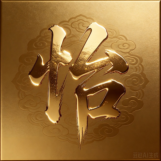 将文字保留，背景改为浓郁华贵的磨砂金箔质感，底色偏沉稳暗金哑光金，文字保留原书法造型并改为璀璨亮金色鎏金镜面金，通过明度饱和度差异形成层次让文字清晰凸显，文字边缘带有微弱高光描边和金粉晕染效果，如同纯金粉书写。背景压印细腻同色系略深的中式吉祥云纹暗纹，若隐若现，整体为均匀柔和的暖金色光，文字轮廓清晰无明显阴影，整体大气华贵庄重金碧辉煌，8k分辨率，正面平视，方形构图，高精度纹理渲染，适合高清打印装裱