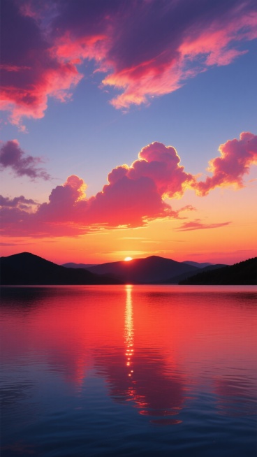 写实风格的傍晚晚霞景象，天空呈现从底部浓烈的橙红色、向上过渡为温暖的橘黄色、再到顶部深邃的蓝紫色的渐变色彩，大量形态飘逸的云彩被霞光染成亮粉色、橙红色和深红色，云层边缘有金色的高光，阳光从海平面下方照射出来，在平静的湖面上形成一条长长的、闪烁着橙红色光芒的倒影，湖面呈现深蓝色并带有轻微的波纹，远处的湖对岸有连绵起伏的黑色剪影山脉，天空中没有可见的文字或标识。预览效果