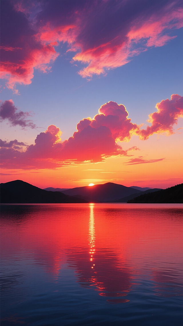 写实风格的傍晚晚霞景象，天空呈现从底部浓烈的橙红色、向上过渡为温暖的橘黄色、再到顶部深邃的蓝紫色的渐变色彩，大量形态飘逸的云彩被霞光染成亮粉色、橙红色和深红色，云层边缘有金色的高光，阳光从海平面下方照射出来，在平静的湖面上形成一条长长的、闪烁着橙红色光芒的倒影，湖面呈现深蓝色并带有轻微的波纹，远处的湖对岸有连绵起伏的黑色剪影山脉，天空中没有可见的文字或标识。