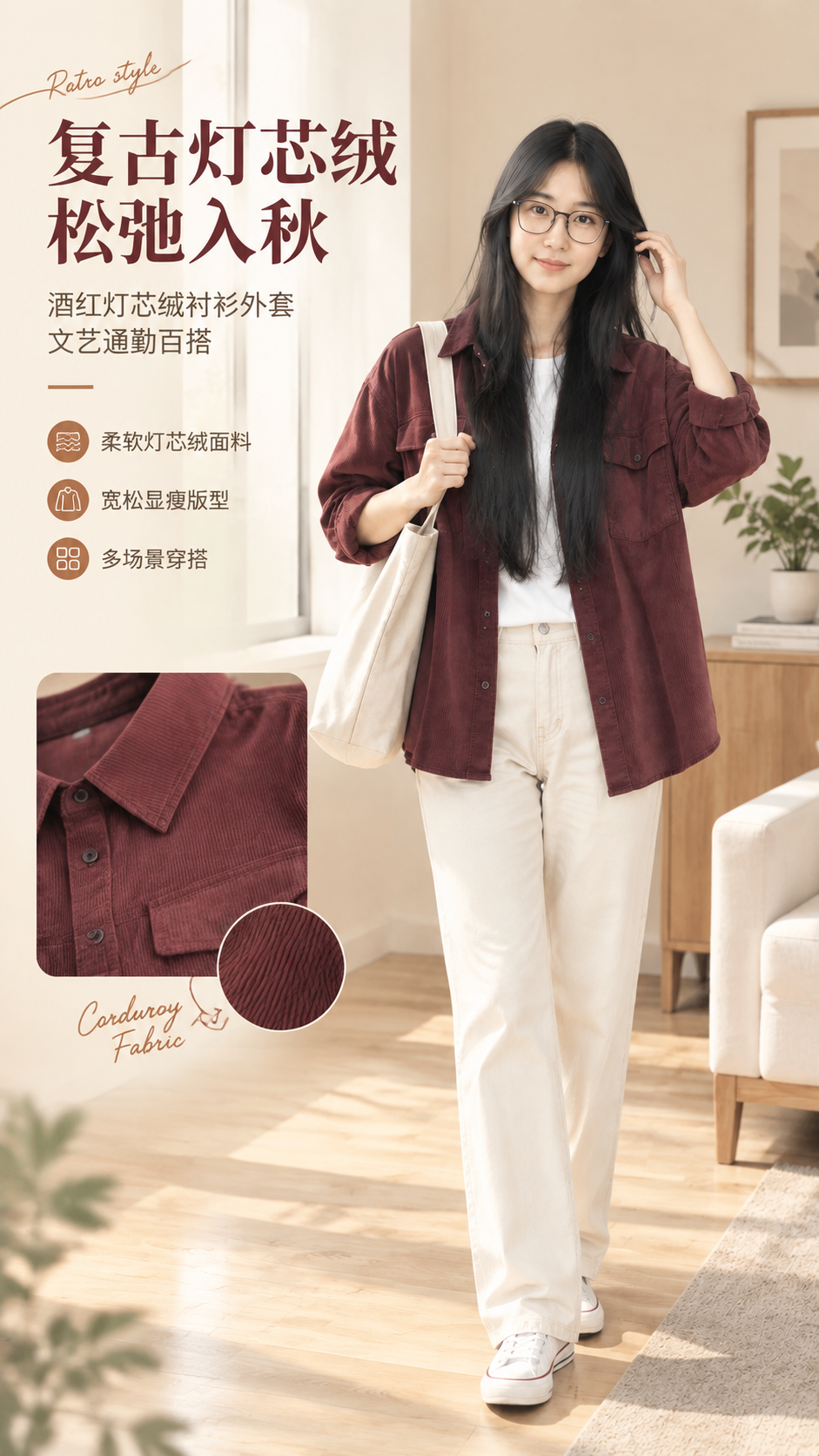 [商品] 使用【图1】酒红灯芯绒衬衫外套；商品处理：保留翻领、… - 图片创意预览