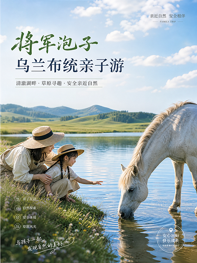 别再瞎找！承德 + 乌兰布统亲子游，萌娃嗨翻全家爽 宝妈宝爸们看过来👀！还在为带娃去哪儿玩愁破头？这条承德与乌兰布统串连的路线，简直是亲子游的梦幻之选，错过真会后悔到跺脚！ 选择包车出行，把规划和换乘的麻烦统统甩掉，大人轻松自在，孩子快乐撒欢🎉 真正开启一趟无忧无虑的亲子之旅。 🏰承德避暑山庄：皇家古韵亲子行 踏入承德避暑山庄，就像翻开一本生动的历史绘本📖。带宝贝漫步在红墙黄瓦间，穿梭于亭台楼阁，看湖光山色交相辉映。给孩子讲讲古代皇家的故事，让他们触摸历史的纹理，感受古韵魅力。在这里拍照，全家都自带古风滤镜，亲子古风大片轻松拿捏📸 🌳塞罕坝：自然课堂欢乐多 塞罕坝是一座天然的自然探索乐园🌲。小朋友们可以认识各种各样的植物，说不定还能邂逅可爱的小动物呢。大手拉小手走在徒步栈道上，清新的空气沁人心脾，来一场森林冒险，激发孩子对大自然的好奇与热爱，亲子互动欢乐满满😃 🌿乌兰布统：萌娃撒欢童话乡 乌兰布统影视基地：童话片场大冒险 草原与森林交织成童话般的场景🎬 孩子们仿佛走进了电影世界，尽情奔跑嬉戏，幻想自己是故事主角。家长们只需负责抓拍宝贝们的精彩瞬间，每一张照片都记录着孩子的纯真与快乐📸 将军泡子：草原明珠寻趣记 将军泡子宛如草原上的璀璨明珠💎。湖水清澈，周边草原辽阔无垠。孩子们可以近距离观看马儿饮水，说不定还能和这些草原精灵交上朋友，感受动物与自然和谐共处的美好😍 📏玉龙沙湖：沙漠狂欢亲子趴 玉龙沙湖的金黄沙丘绵延起伏🏜 是孩子们的沙漠欢乐场。一起体验刺激的滑沙，骑上骆驼感受大漠风情。还能在沙地来一场寻宝游戏，当夕阳西下，全家一起欣赏壮丽的沙漠日落，留下难忘的亲子回忆🥰 🚗包车：亲子出行的安心保障 我们提供多种车型供您选择，像宽敞舒适的别克 GL8、空间充裕的塞纳，确保全家在旅途中都能享受舒适体验。全程绝无购物及任何隐形消费，让您的每一分钱都花得明明白白。同时，我们对旅游地点的安全性严格把关，无论是在皇家园林、广袤森林，还是草原与沙漠，都为您和孩子的游玩保驾护航，让亲子出行安心无忧😌。 📅多样路线随心选 2 天 1 晚尝鲜版，适合时间有限但想体验精华的家庭；3 天 2 晚深度游，深入感受每个景点魅力；4 天 3 晚悠闲行🕶️，慢悠悠享受亲子时光。景点、住宿都能灵活调整，满足全家不同需求。 别再犹豫！📩私信【出发时间 + 人数】，定制专属亲子包车方案，开启梦幻亲子之旅🎊 让宝贝在欢笑中成长，全家收获满满幸福回忆。生成6张海报 重点要突出亲子互动以及旅行安全