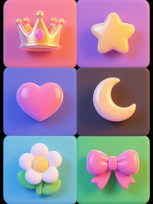 一系列6个不同元素的3D图标，每个图标都具有光滑的塑料质感和圆润的边角设计，元素类目包括皇冠、星星、月亮、爱心、花朵和蝴蝶结，每个图标都有独特的纯色背景，整体色彩变换丰富，采用规整的网格排布，保持一致的卡通风格和高光阴影效果，确保视觉层级清晰，信息传达高效，适合作为儿童主题的装饰素材。预览效果