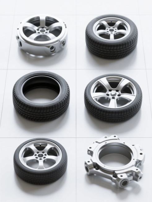 六个汽车配件（包含轮胎）以规整网格状排布，每个配件均采用高度写实的3D渲染风格，展现出金属、橡胶等材质的细腻质感与清晰纹理，主色调为银灰、黑色与金属光泽的组合，统一的柔和顶光照明，产生自然的阴影与高光过渡，背景为纯净的白色，整体造型简约现代，无任何文字、logo及水印。预览效果