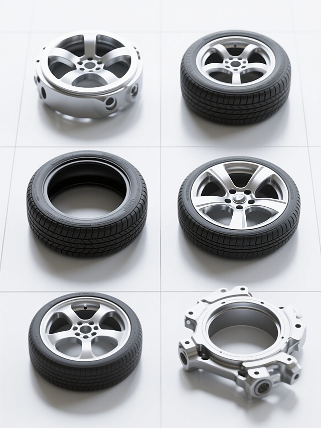 六个汽车配件（包含轮胎）以规整网格状排布，每个配件均采用高度写实的3D渲染风格，展现出金属、橡胶等材质的细腻质感与清晰纹理，主色调为银灰、黑色与金属光泽的组合，统一的柔和顶光照明，产生自然的阴影与高光过渡，背景为纯净的白色，整体造型简约现代，无任何文字、logo及水印。