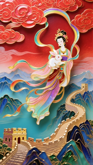 主体是嫦娥仙子，身穿飘逸的汉服丝带，优雅地怀抱着发光的玉兔，悬浮在半空中。背景是蜿蜒的万里长城和连绵的壮丽山河，所有景象都笼罩在喜庆祥云的红色祥云背景中。预览效果