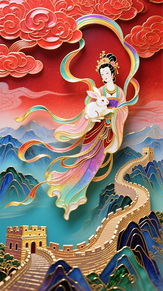 嫦娥抱玉兔，长城山河间喜庆祥云超美🎇