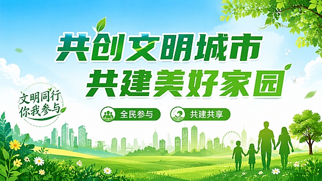 城市公益广告海报，主题是文明城市创建。整体风格清新明亮，采用参考图的版式结构，绿色自然配色，背景是蓝天白云搭配绿色草地和城市建筑剪影。主标题大字号显示"共创文明城市"，副标题显示"共建美好家园"，左下角标注装饰文字"文明同行 你我参与"，两个卖点文字分别为"全民参与"和"共建共享"。版式精美，构图分区清晰，文字清晰可读，整体氛围积极阳光，符合公益宣传调性，画面比例16:9，4K超高清画质。保留参考图的版式骨架和绿色清新氛围，替换文案为本次设计内容。