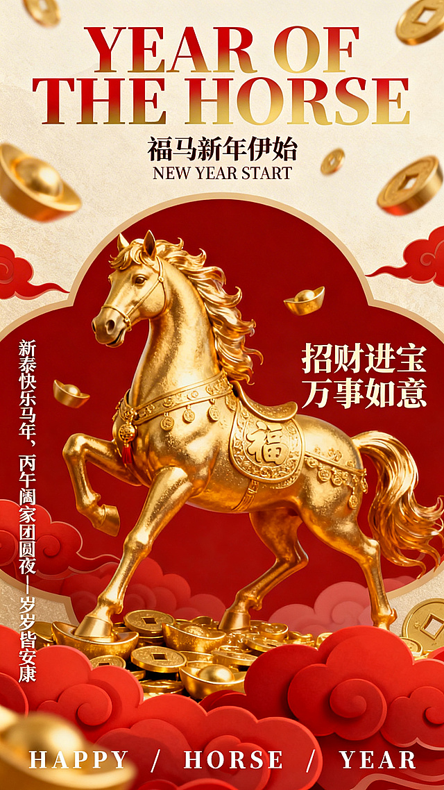 新年福马主题海报，画面中心是灵动喜庆的金色福马，搭配红色祥云、金色元宝元素，融入文字“YEAR OF THE HORSE”“福马新年伊始NEW YEAR START”“新泰快乐马年、丙午阖家团圆夜--岁岁皆安康”“招财进宝万事如意”“HAPPY / HORSE / YEAR”，整体风格喜庆热烈，红金配色，充满新年氛围