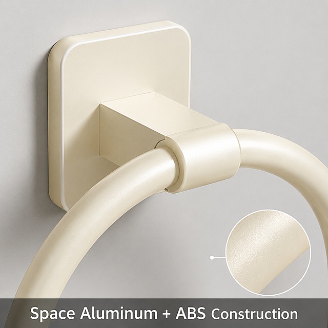 [Main Image 4] Material detail close-up for round towel ring. Main picture shows close-up of the mounting base and connection joint of cream white towel ring, emphasize the smooth surface of space aluminum + ABS material, clean cutting edges, fine craftsmanship. Add a small local magnifying frame on the lower right corner to show the texture of the material surface. Light grey low-saturation background. Keep product color and structure consistent with input image. Text at bottom "Space Aluminum + ABS Construction", 1:1 ratio, commercial product photography, high definition. No Chinese.