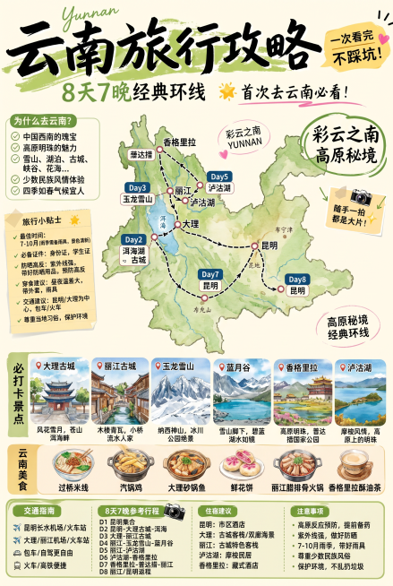 「图片1」请帮我生成一张相似的7~10月份的云南8天7晚旅游攻略，里面的图片和文字也换为相应的云南的内容预览效果