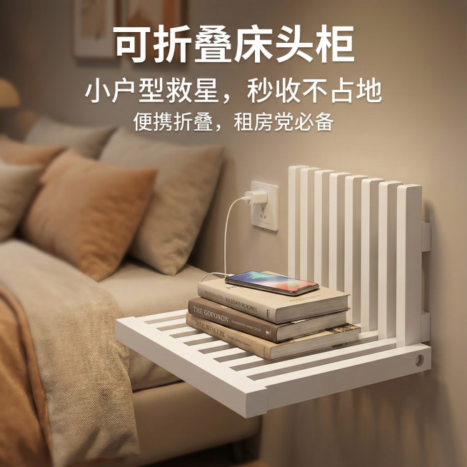 这是一款折叠床头柜，换个背景，要在室内，在床边，温馨一点，简约一点，把背景虚化，在折叠床头柜上放上书，床头柜上方墙上有个插座，手机正在充电，在图中添加【可折叠床头柜】【小户型救星，秒收不占地】【便携折预览效果
