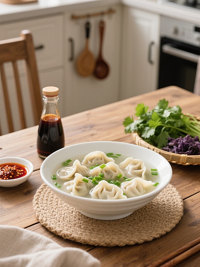 写实风格美食摄影，一碗盛在白色瓷碗中的馄饨，馄饨皮薄馅大，漂浮在清澈的汤中，汤面撒有翠绿的葱花，碗放在编织餐垫上，主色调为温暖的米色、白色和绿色，光线明亮柔和，营造出温馨家常的氛围。场景变换为：古朴的木质餐桌上，碗的左侧摆放着一小碟红油辣子和醋瓶，右侧是一小篮新鲜的香菜和紫菜，背景中可见厨房的部分橱柜和挂着的汤勺，整体保持原有的清晰质感和诱人的食物光泽。