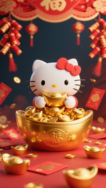 顶部只有背景和装饰，主要内容在画面一半以下，一个kitty猫在中间抱着聚宝盆，元宝喜庆色调，红包、鞭炮等新年元素，简单背景。预览效果