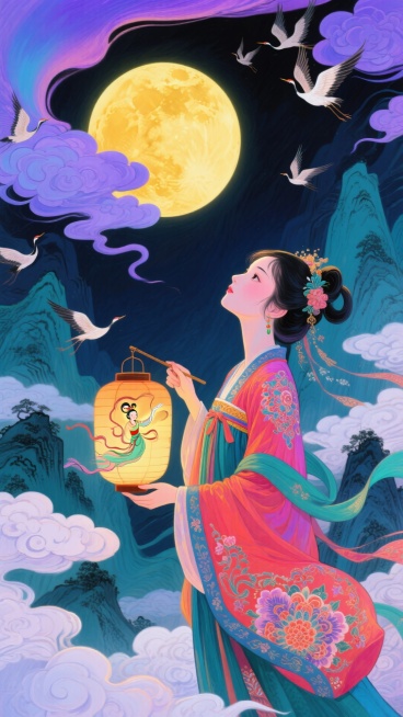 国潮插画，主体是穿汉服的少女提宫灯赏月，宫灯绘嫦娥奔月图，背景为黛青山水，空中有紫蓝渐变祥云与群雁，暖黄色的月亮，整体色彩浓郁充满神秘氛围预览效果