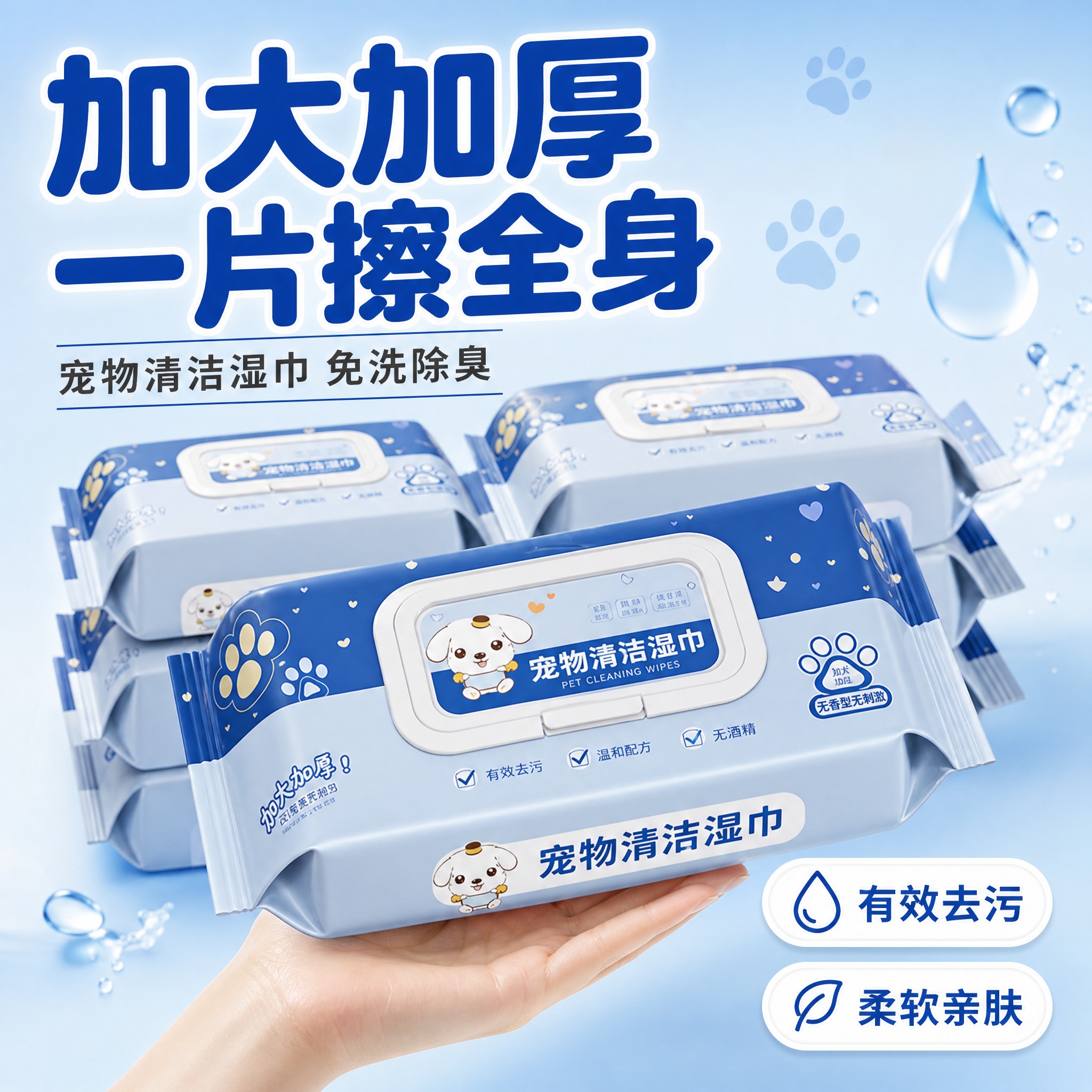 [主图-1] 宠物清洁湿巾首图，突出加大加厚与有效去污的核心利… - 图片创意预览