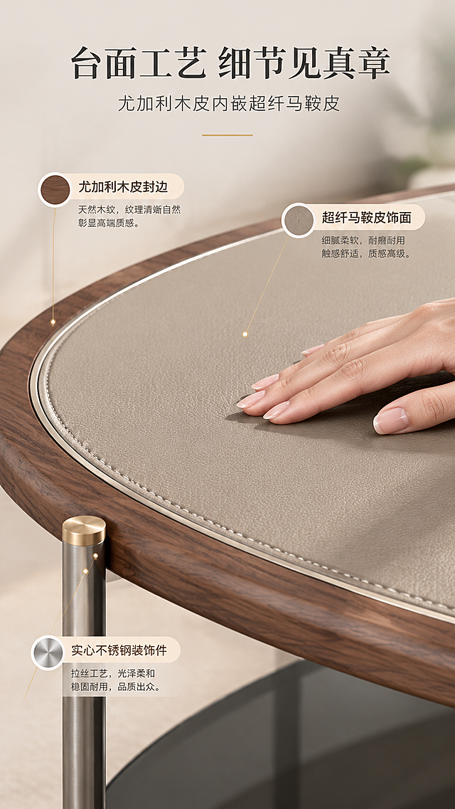 [商品] 使用【图1】DC-2811圆形茶几上层台面部分；保留尤加利木皮边、内嵌浅咖色马鞍皮、金属装饰条、实心不锈钢装饰件、缝线细节；商品处理：放大台面局部，增强马鞍皮纹理、木皮木纹、金属件拉丝质感、缝线精细度，不改变材质颜色与结构。
[画面] 目标：台面材质工艺特写页，证明台面质感与工艺细节。构图：上文案下特写，顶部约1/5文案区，下方台面大特写；台面占据画面中下约70%，俯视微偏角度；一只手（亚洲女性，自然美甲）轻轻抚摸马鞍皮表面，体现触感；背景虚化，突出台面细节；有柔和侧光打出材质立体感。
[视觉] 套系策略：风格=意式轻奢高级商业摄影；标题字=现代极简衬线粗体；正文字=简洁无衬线体；主色=暖灰米白；背景延展=基于暖灰米白做深浅层级、同色渐变和细腻石材/乳胶漆质感；强调色=香槟金，仅用于小面积图标、引线、标签和装饰线条；标题色=深炭灰；正文色=中暖灰；组件=细金线信息卡、细线引线、圆角浅底标签；光影=左前侧45度暖柔光，打出皮革纹理与金属高光。
[文字] 顶部文案区：主标题「台面工艺 细节见真章」（8字），副标题「尤加利木皮内嵌超纤马鞍皮」（12字）；画面中用细金线引出3个标注：「尤加利木皮封边」「超纤马鞍皮饰面」「实心不锈钢装饰件」，每个标注配短说明；文字不遮挡手部与核心材质区域。
[规格] 图片比例9:16竖版，4K分辨率，避免变形、错字、文字过小、冷蓝背景、材质颜色改变、纹理失真。